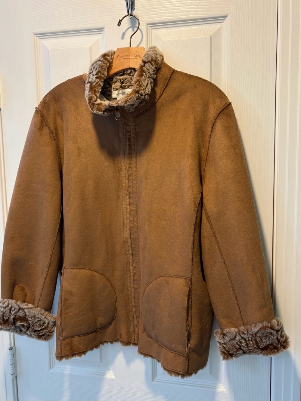 Coldwater Creek Chestnut Suede-Style Jacket with Faux-Shearling Trim